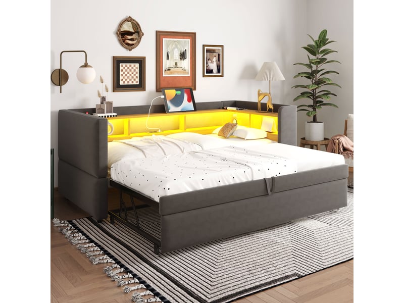  Lit banquette rembourré extensible 90x190 à 180x190 cm avec rangements, led multicolore, prises électriques, sommier à 24 lattes, flanelle gris foncé Radiant Stride - Conforama B