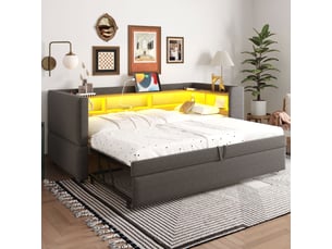 Lit banquette rembourré extensible 90x190 à 180x190 cm avec rangements, led multicolore, prises électriques, sommier à 24 lattes, flanelle gris foncé