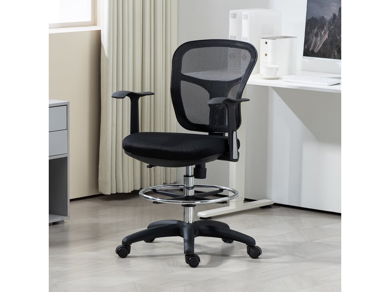  Fauteuil pivotant avec anneau repose-pieds et dossier incurvé, en polyester, mousse et plastique, 55 x 58 x 94 cm, noir  - Conforama D