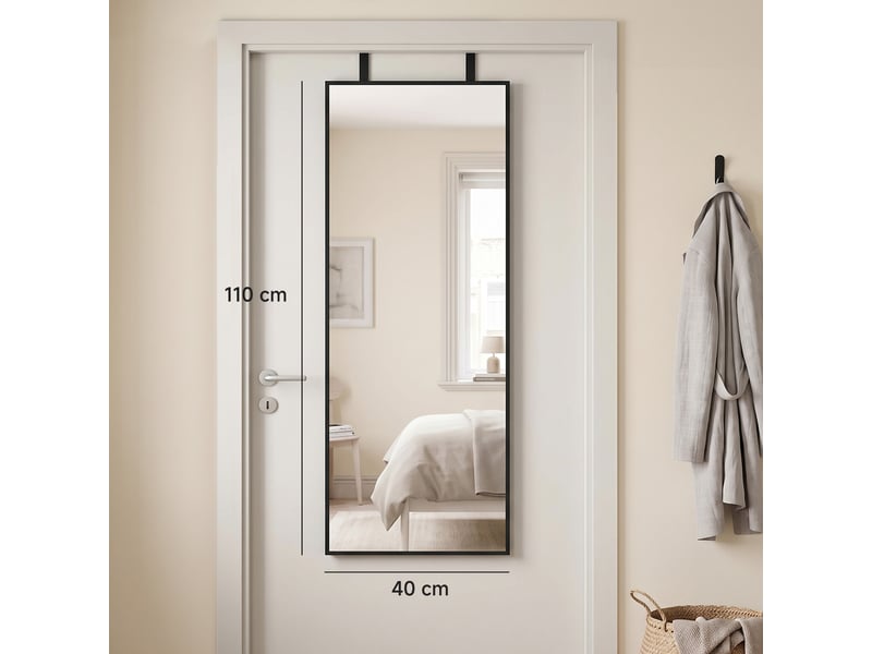  Miroir mural rectangulaire 110 x 40 cm, crochets, hauteurs réglables, verre trempé, cadre en alliage d'aluminium, noir  - Conforama C