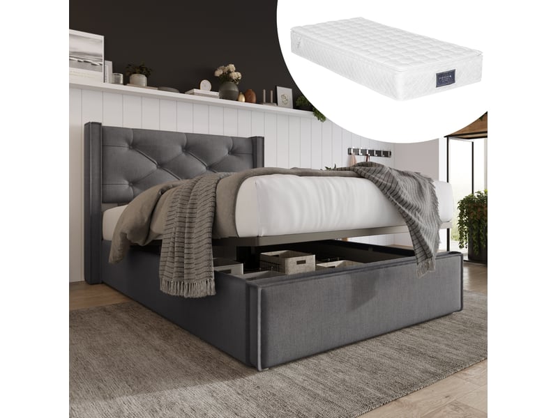  Modenvie lit coffre 90x200 cm - tête de lit capitonnée, matelas inclus - gris  - Conforama B