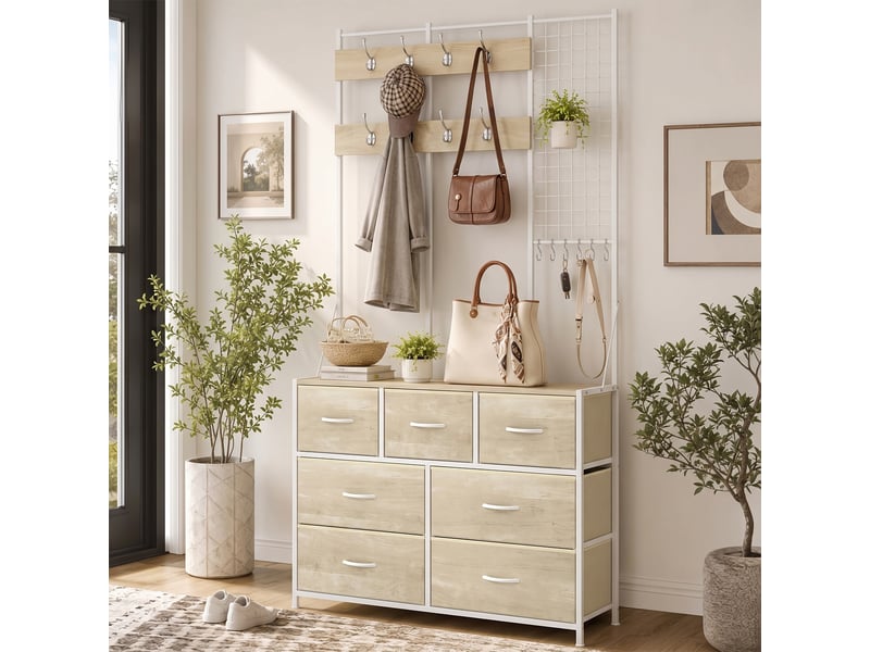  Meuble d'entrée 4 en 1 style industriel multi-rangement métal blanc effet bois clair  - Conforama E