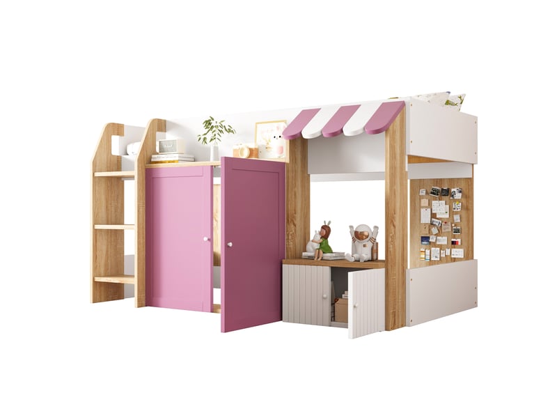  Lit mezzanine enfant 90 x 200 cm blanc, rose et couleur bois avec échelle et rangement  - Conforama A