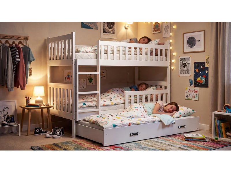  Lit superposé 3 places quba 90x190 cm + lit tiroir 70x180 cm interbeds - bois massif de pin - blanc  - Conforama D