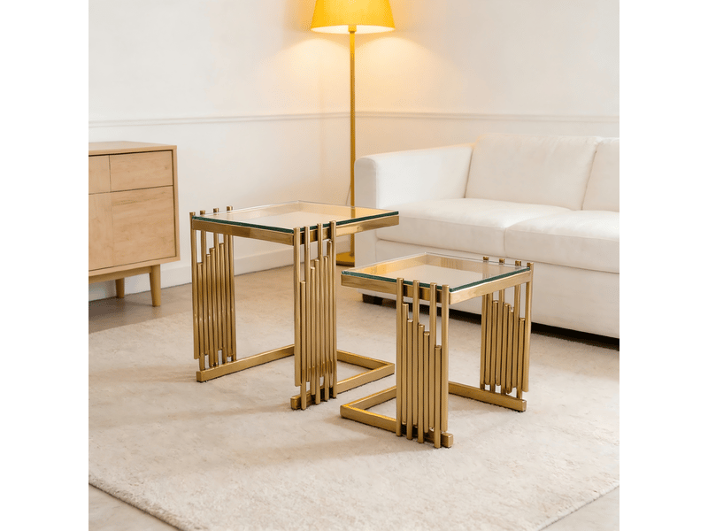 Tables basses imbriquées ensemble de 2 carré acier inoxydable doré verre trempé - Conforama W