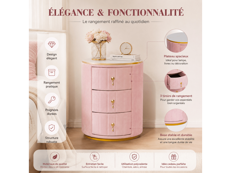  Table de chevet 3 tiroirs ronde en velours rembourré dessus marbre quincaillerie dorée moderne rangement pour chambre salon rose  - Conforama D