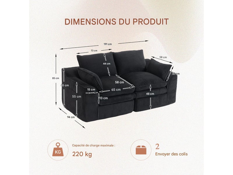  Canapé modulable 2 places en velours côtelé noir 191 x 94 x 85 cm W2845S00365 - Conforama C