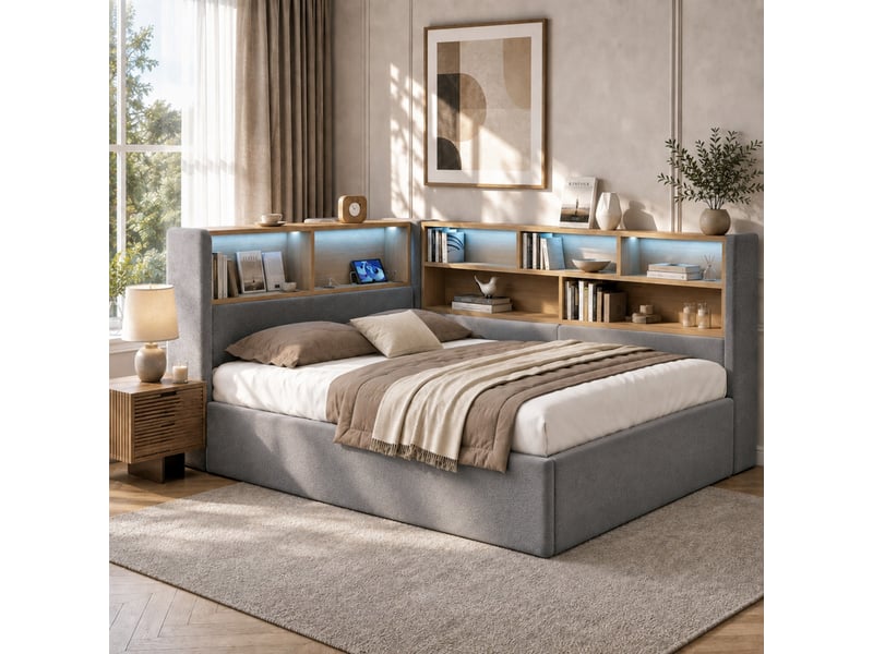  Lit banquette coffre 140 × 190 cm avec led, usb-ausb-c et rangement, velours gris IKSETERA TRADING LTD - Conforama B