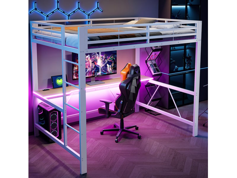  Lit mezzanine gamer 140x200 cm en métal avec bureau, led et usb, blanc  - Conforama B