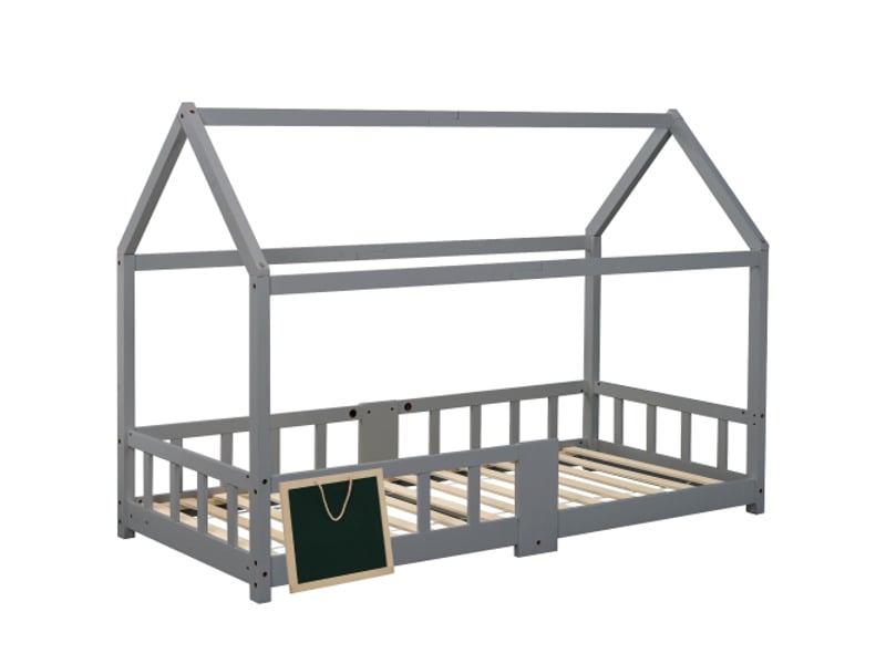 Lit cabane 90x200 cm, avec tête de lit et tableau, avec lattes, en bois, gris, sans matelas - Conforama C