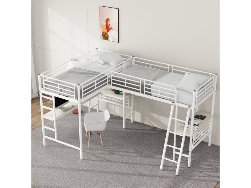  Lit mezzanine 2x90x200cm, 2xlit 1 place avec bureau, escalier, barrières et sommiers, lit en métal, blanc, sans matelas  - Conforama C