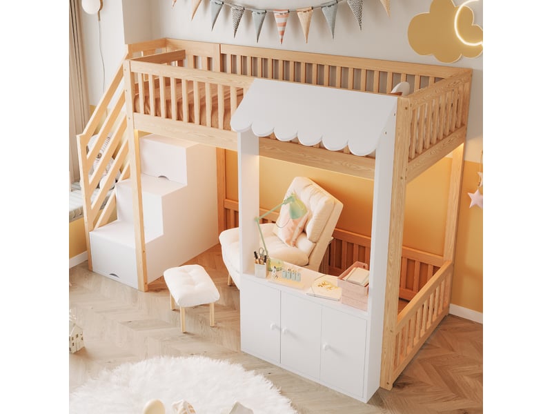  Lit mezzanine 90x200 cm avec rangement intégré et led multicolore - lit enfant avec escalier de rangement - bois naturel  - Conforama R