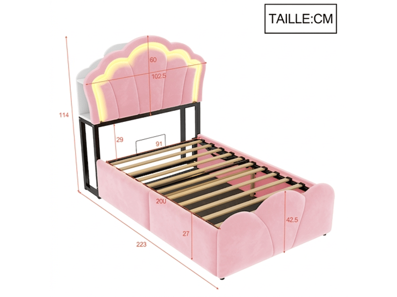  Lit coffre 90x200 velours rose avec tête de lit florale, led et prises intégrées sans matelas  - Conforama C