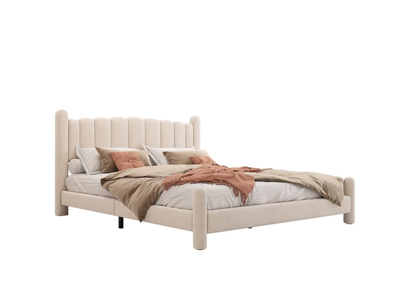  Lit adulte rembourré 160x200cm,lit double en velours avec tête de lit en forme d'éventail et pieds de support cylindriques,beige lit adulte beige - Conforama A