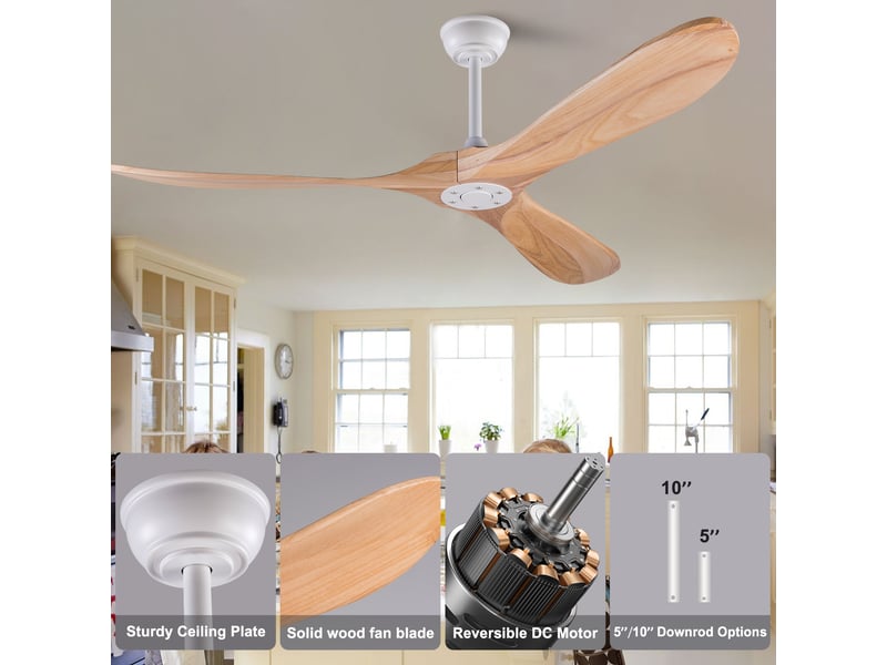  Ventilateur de plafond 132 cm sans éclairage bois massif blanc et naturel 6 vitesses télécommande silencieux minuterie et mémoire  - Conforama C