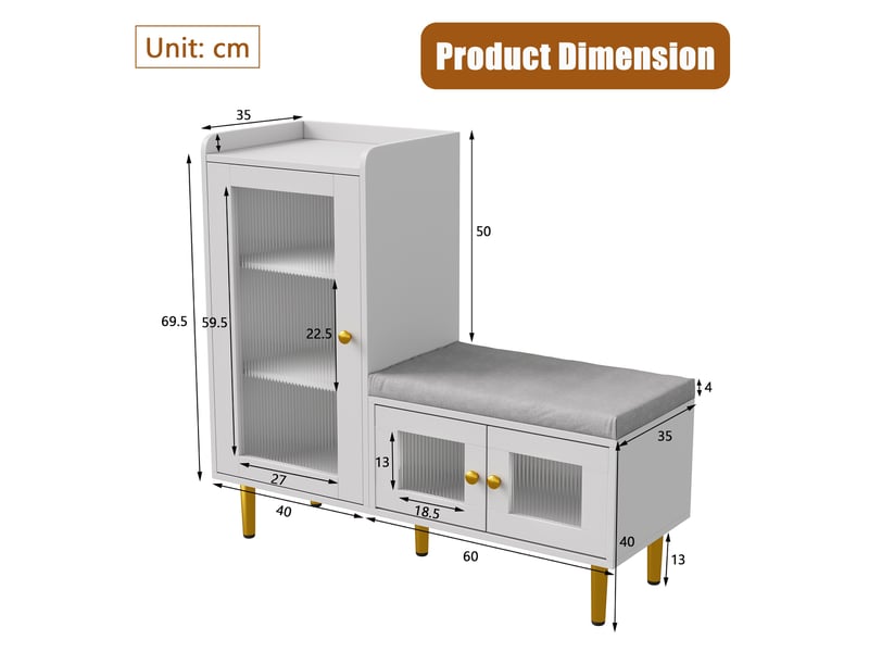 Meuble à chaussures - 100x35x90cm - banc d'entrée avec assise rembourrée, étagères ajustables, portes en verre flûté - blanc  - Conforama E
