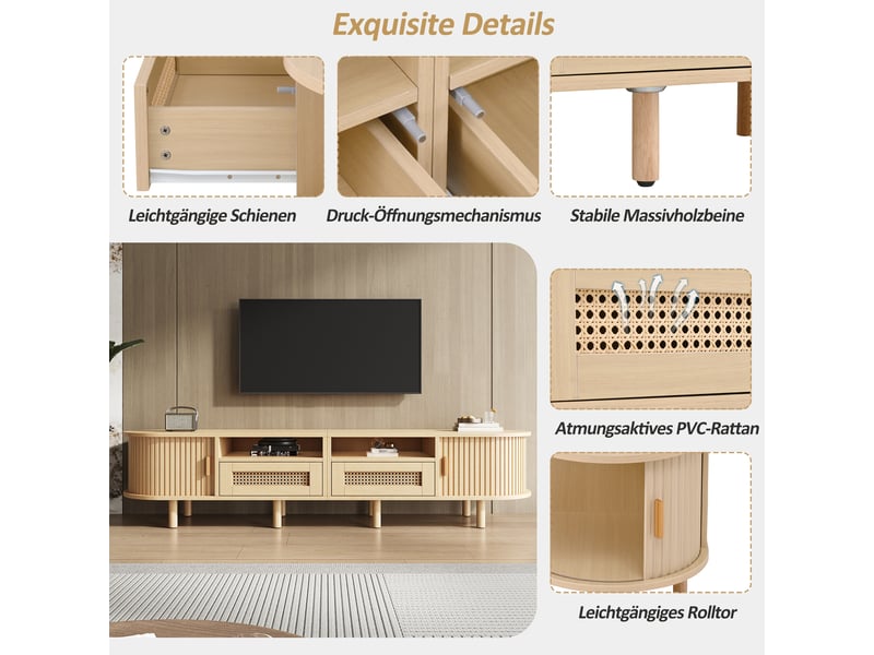 Meuble tv bois 170×40×40 cm, tv 70 pouces, mdf, 2 tiroirs décor rotin, 2 portes coulissantes, plateau ovale et 8 pieds - Conforama D