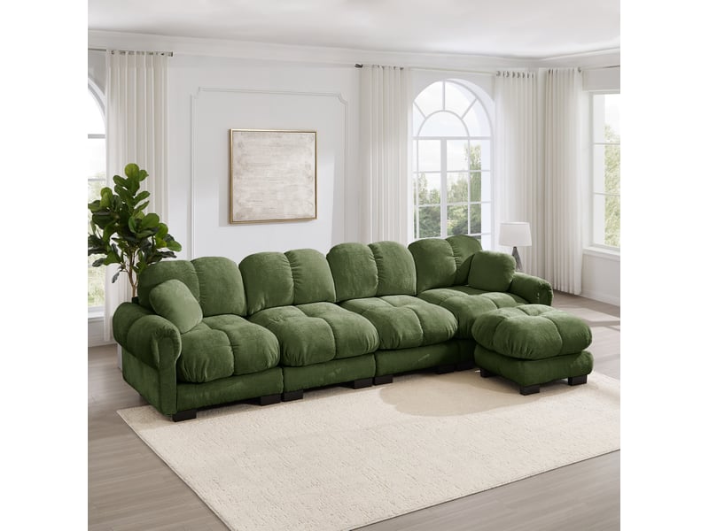  Canapé d'angle fixe 4 places en tissu vert avec ottomane mobile, design matelassé pour le salon  - Conforama E