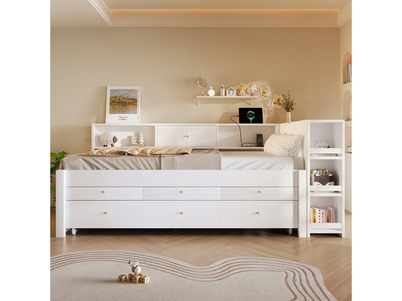  Lit gigogne enfant en bois 140x200 cm avec lit tiroir 90x190 cm, 3 tiroirs de rangement, prise usb, étagères latérales et couchage supplémentaire - blanc  - Conforama D