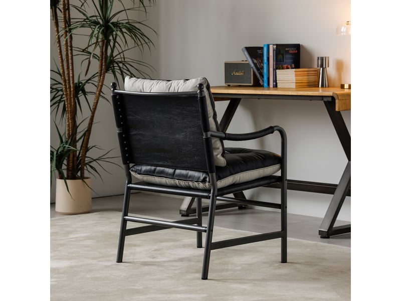  Fauteuil d'appoint cuir mid century moderne avec cadre en métal noir, pour salon et chambre, 60x62x90 cm  - Conforama D