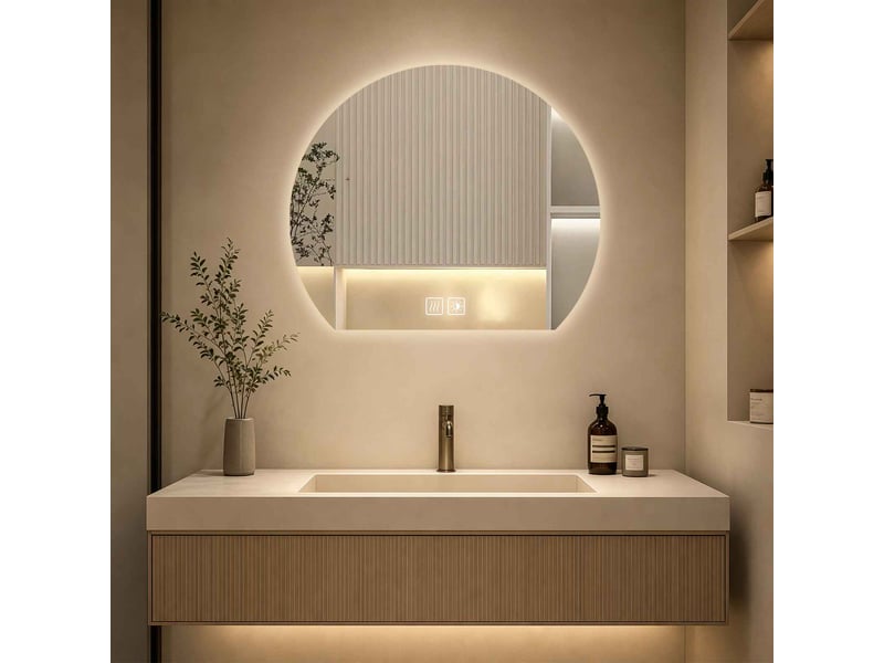 Miroir led demi cercle 70 x 63 cm blanc verre argenté sécurisé tactile anti buée trois couleurs cri supérieur à 90 salle de bain - Conforama D