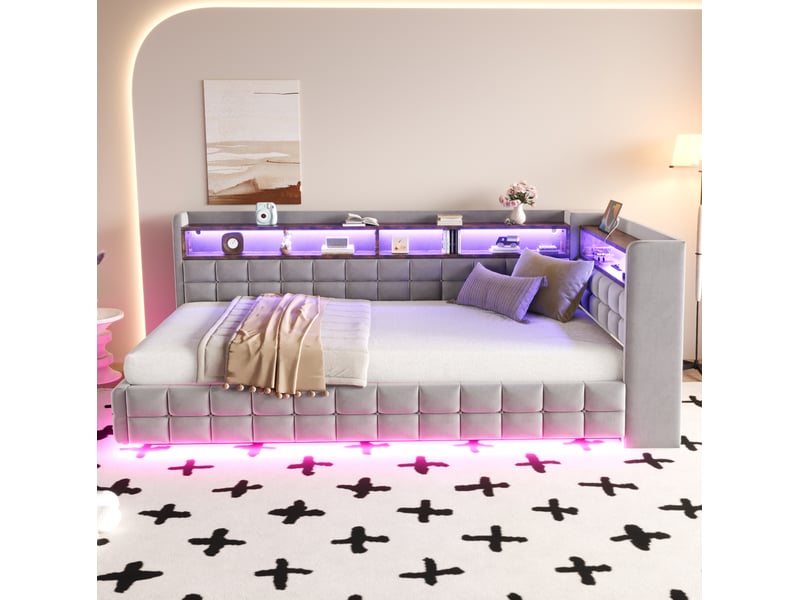 Lit banquette 90 x 200 cm gris clair en velours, coffre hydraulique, led et prises de charge intégrées  - Conforama E