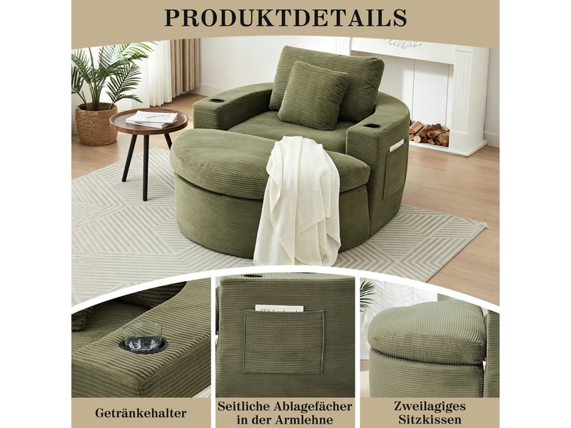  Fauteuil rond en velours côtelé, avec pouf, sans ossature rigide, assise à double couche pour les moments de repos  - Conforama D