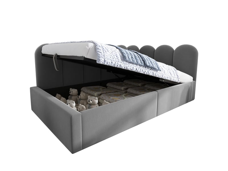  Lit coffre enfant 90x200 cm, sommier à lattes métalliques, en velours, gris, sans matelas  - Conforama D