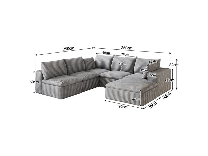  Canapé nuage en velours côtelé gris, 260 x 250 cm, double couche, revêtement amovible, sans montage Y150-VSHAPED-1O-GRAU - Conforama E