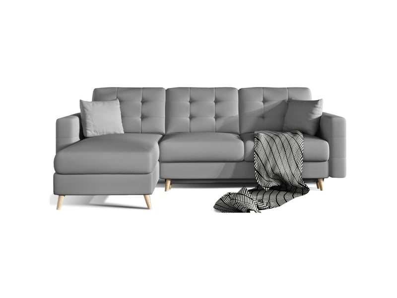  Canapé d'angle convertible hasgard 3 places gris 248x162 cm – coffre et pieds bois  - Conforama A