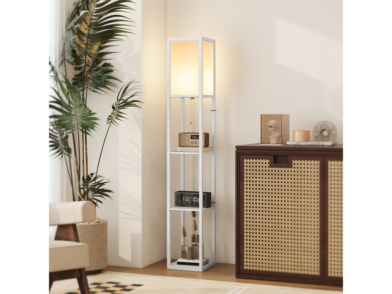  Lampadaire avec compartiments de rangement, lampe moderne en bois, ampoule e27, pour salon, chambre, bureau, blanc  - Conforama C