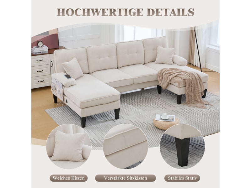  Canapé d’angle en tissu coton et lin beige, 4 places, 250 cm, panoramique, avec rangement W2845S00305 - Conforama C