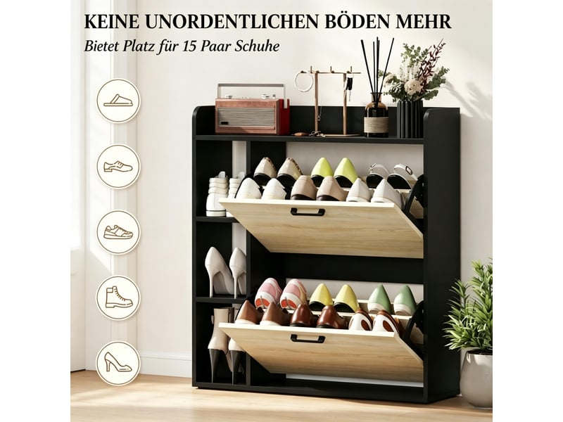  Meuble à chaussures 2 abattants 3 niches noir et effet bois 83x24x90.5 cm  - Conforama D