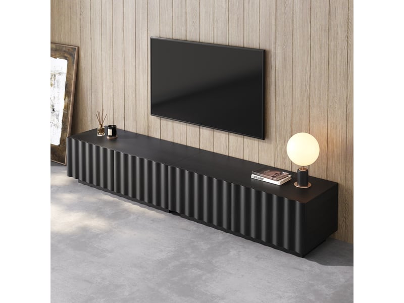  Meuble tv 200x40x35 cm, 1 tiroir, passe-câbles, push-to-open, façades texturées, grand rangement, lowboard moderne pour salon - noir  - Conforama E