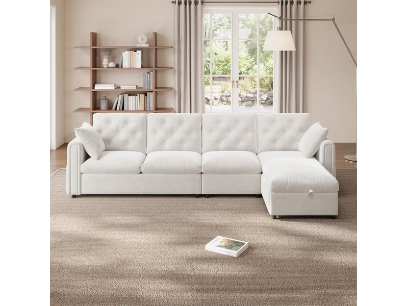  Canapé d’angle convertible réversible 4 places 281x132x86 cm, rangement latéral, polyester et tissu flanelle, beige  - Conforama B