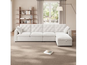 Canapé d’angle convertible réversible 4 places 281x132x86 cm, rangement latéral, polyester et tissu flanelle, beige