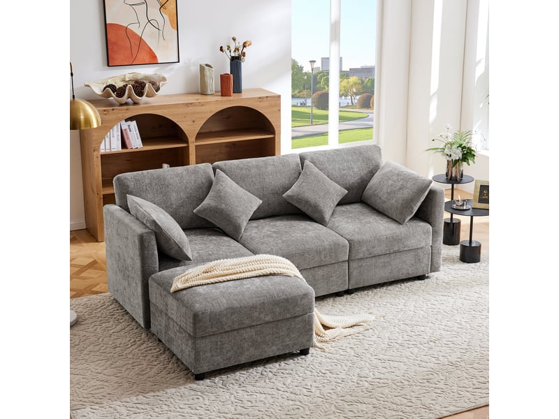  Canapé d'angle en chenille convertible 3 à 4 places 218 x 156,5 x 86 cm avec accoudoirs réglables  - Conforama E