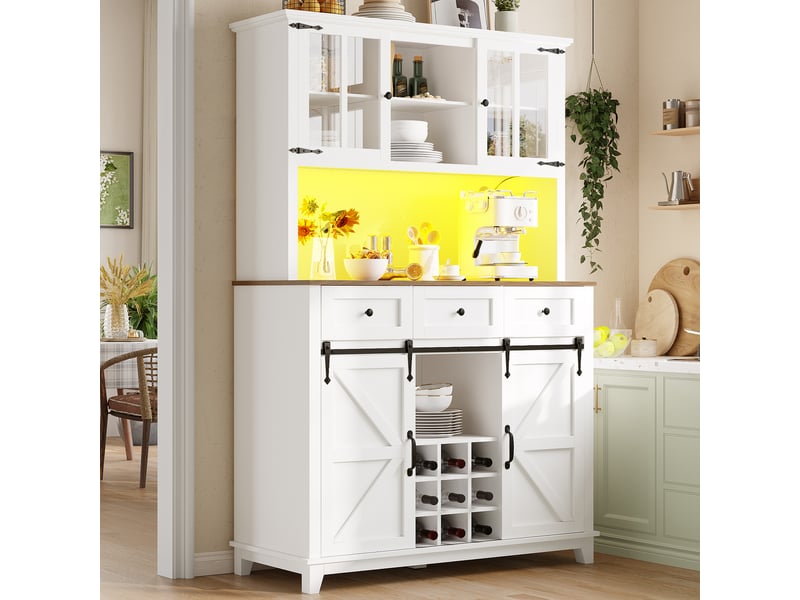  Buffet de cuisine haut 105x38x180 cm, meuble vaisselier blanc en mdf avec portes vitrées et éclairage led intégré  - Conforama B