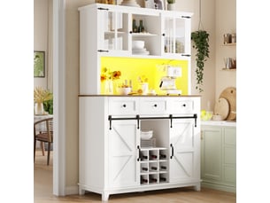 Buffet de cuisine haut 105x38x180 cm, meuble vaisselier blanc en mdf avec portes vitrées et éclairage led intégré