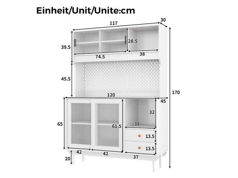  Buffet de cuisine avec 4 portes coulissantes en verre rainuré, 2 tiroirs et panneau perforé, blanc, 117 × 30 × 170 cm  - Conforama D