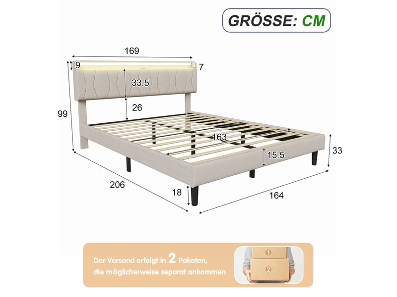  Lit 160x200cm - lit double 160x200cm - lit rembourré en tissu lin avec tête de lit à étagère, led rgb et usb - beige  - Conforama E