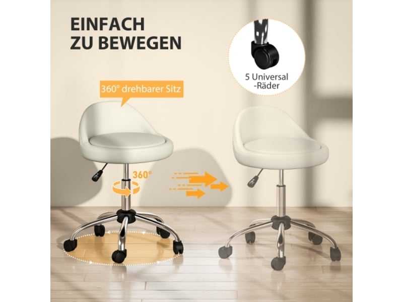  Tabouret de travail pivotant à roulettes, similicuir blanc, réglable 63-83 cm, salon  - Conforama E