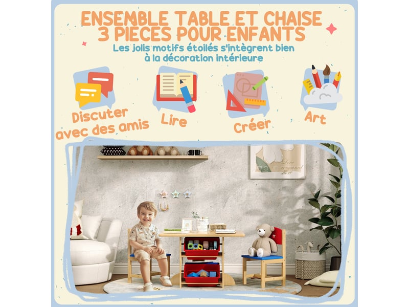  Table enfant avec 2 chaises ensemble table et chaises enfants 3 pièces en bois avec 4 bacs de bois rangement naturel  - Conforama E