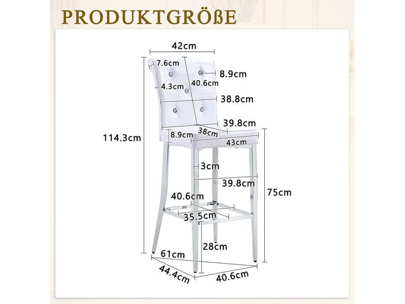  Tabouret de bar lot de 2 avec dossier haut, repose-pieds et boutons décoratifs, pieds en métal chromé, pvc blanc  - Conforama C