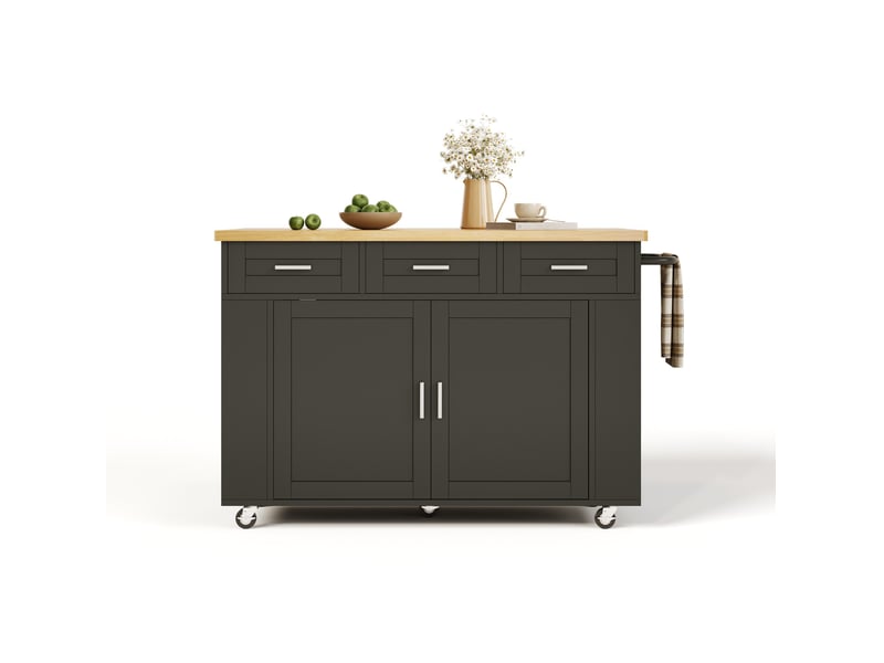 Îlot de cuisine mobile 120x70x84 cm avec plateau rabattable, tiroirs et prises, noir et naturel - Conforama A