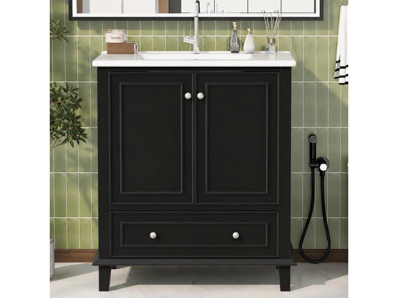  Meuble vasque noir 76 cm avec lavabo en céramique, 2 portes et 1 tiroir  - Conforama B