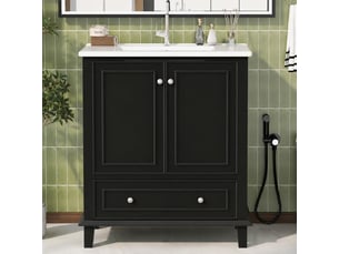 Meuble vasque noir 76 cm avec lavabo en céramique, 2 portes et 1 tiroir