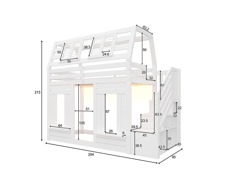 Lit superposé enfant 90x200cm, lit cabane mezzanine avec escalier de rangement, avec bande led connectée et fenêtre, blanc - Conforama E