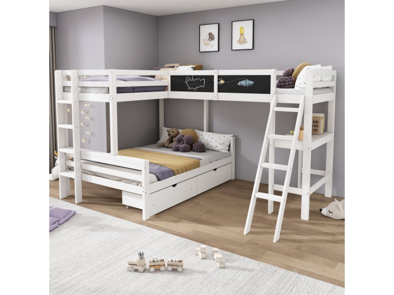  Lit superposé 140x200 cm et 2x90x200 cm, avec bureau intégré et tiroirs, en bois, blanc et chêne, sans matelas  - Conforama C
