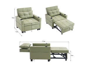 Canapé 3 en 1 vert avocat, canapé convertible 1 place avec fauteuil inclinable 3 positions, porte-gobelets et port usb, 74 x 87 x 84 cm